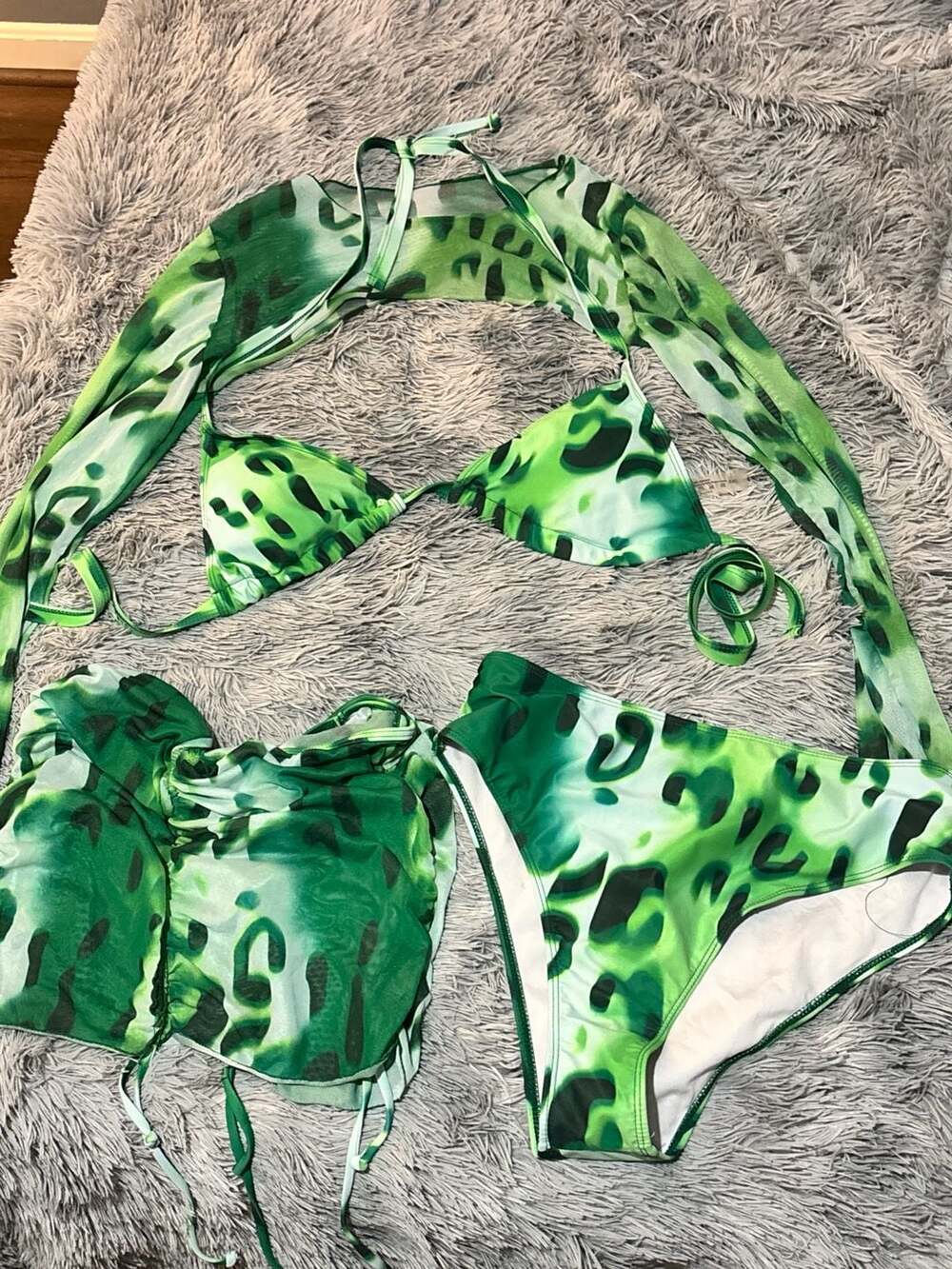 SHEIN Green Leopard Print Bikini Set with Sheer Shrug + Skirt